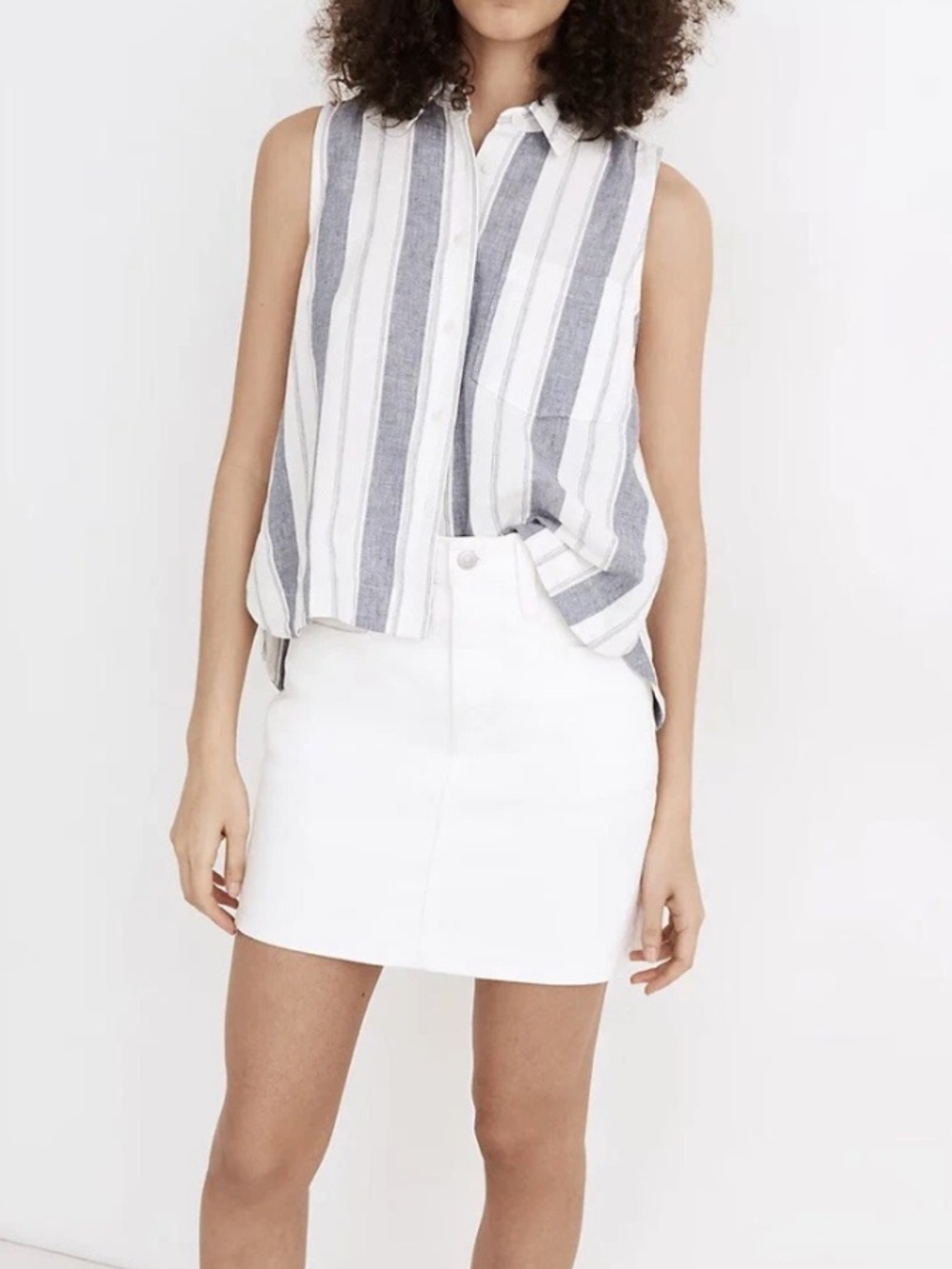 Small Madewell Blue White Herringbone Striped Linen Blend Sleeveless Shirt - Picture 2 of 15
